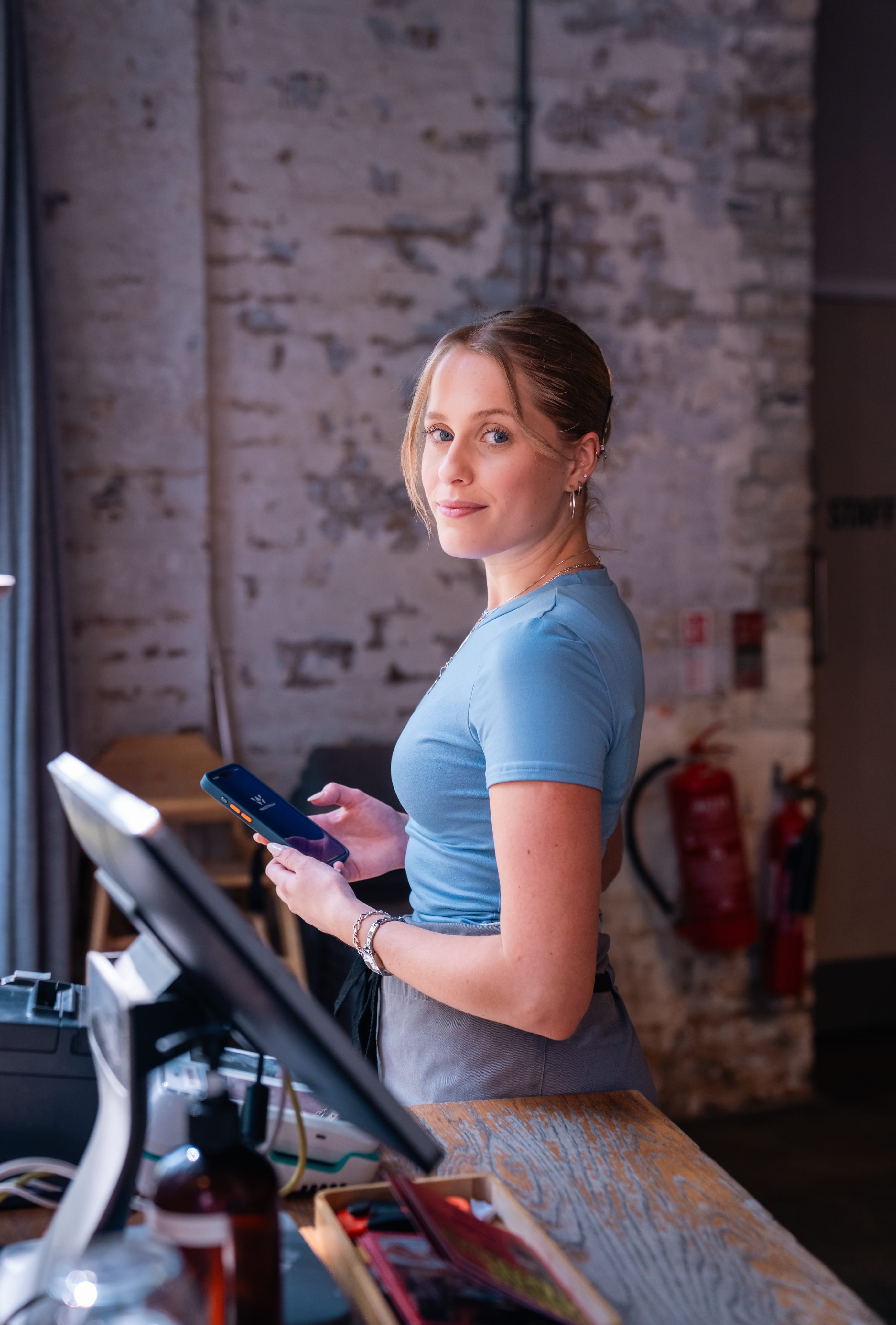 woman in blue t shirt